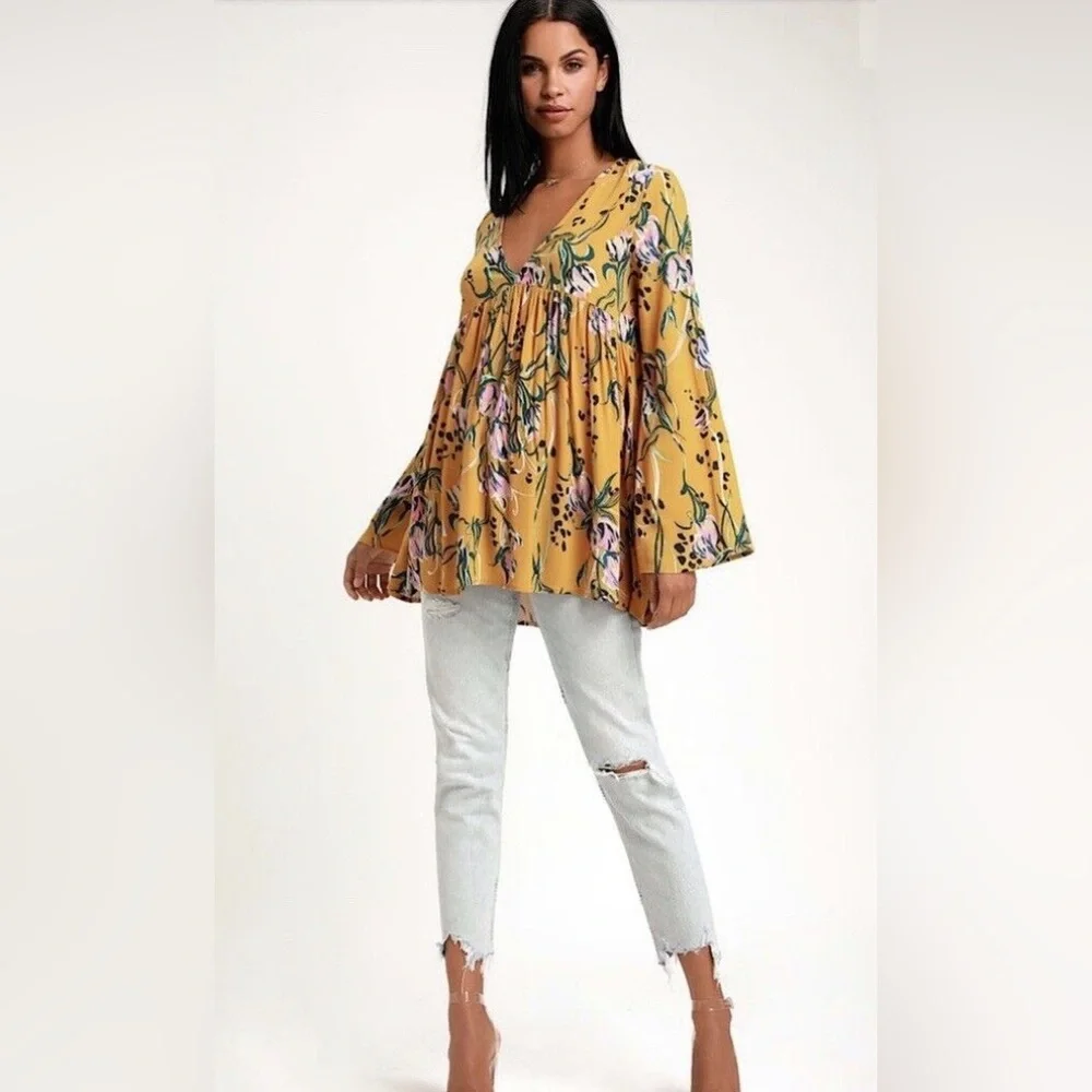 FREE PEOPLE Bella Floral Print Tunic XS Yellow Boho Babydoll Long Sleeve Top